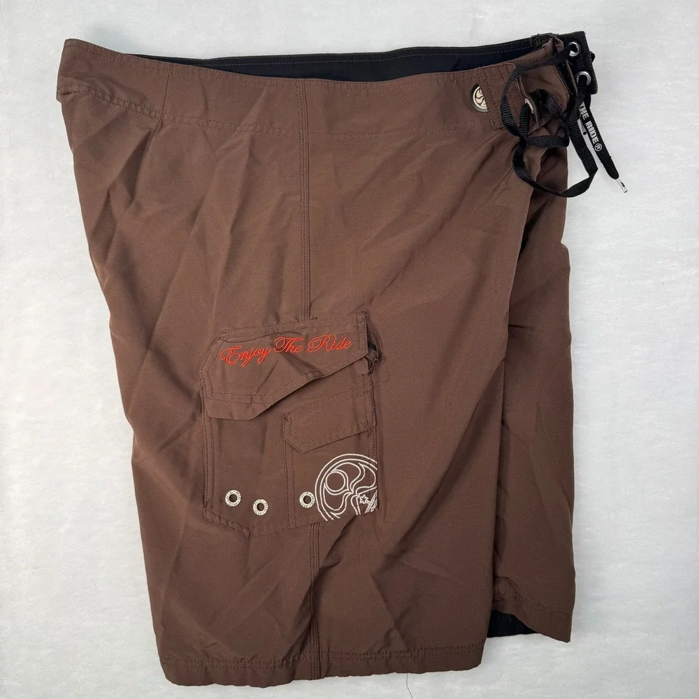 Hawaiian Island Creations HIC Brown Board Shorts Men's 36 Surf Swim Trunks Y2K